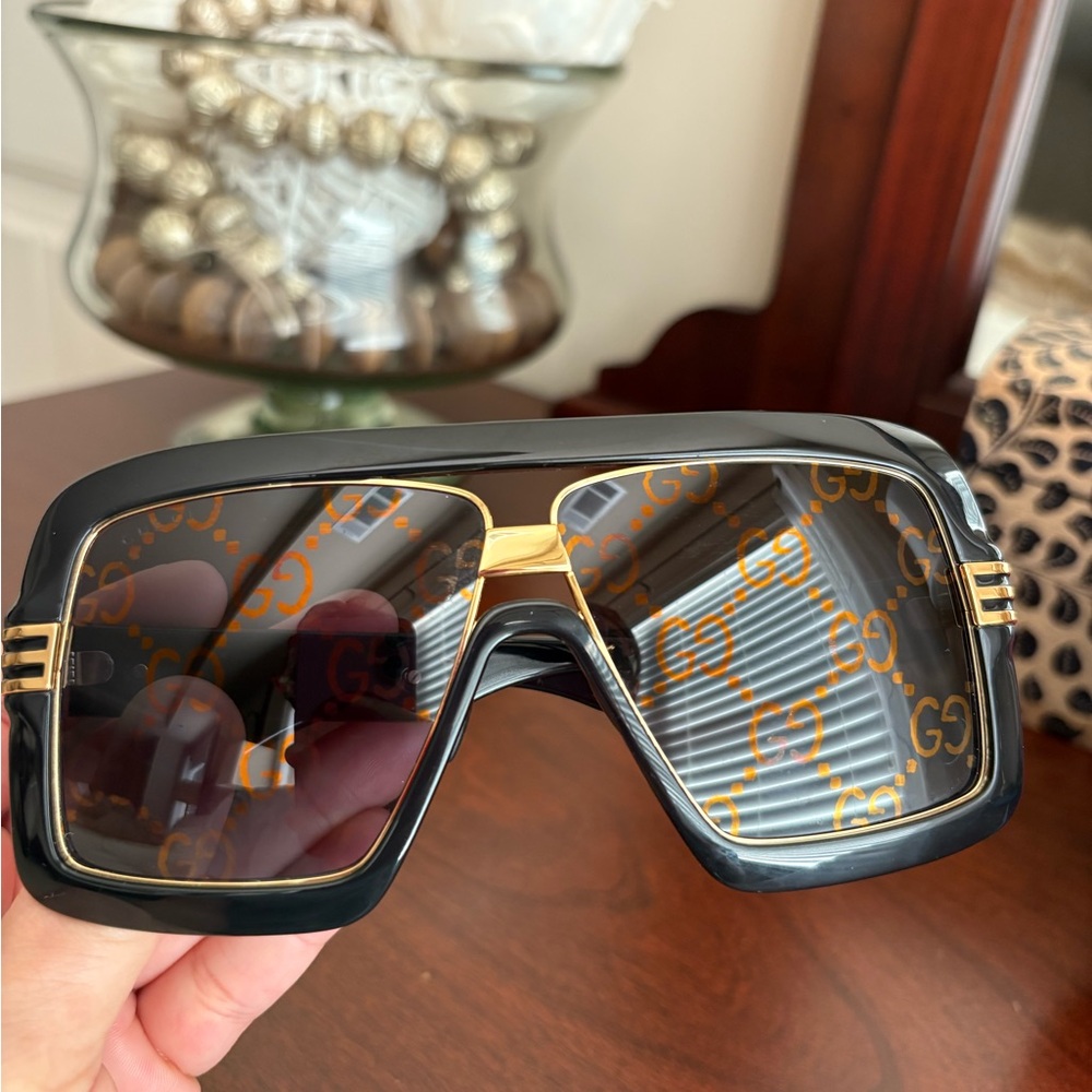 Gucci Black and Gold Shield Logo Sunglasses
